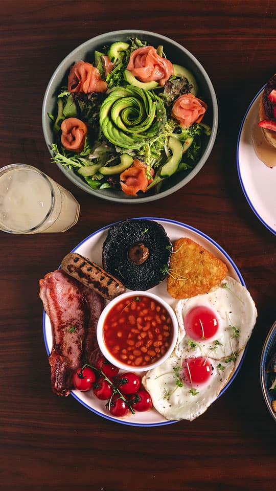 A full English and a salmon salad from above